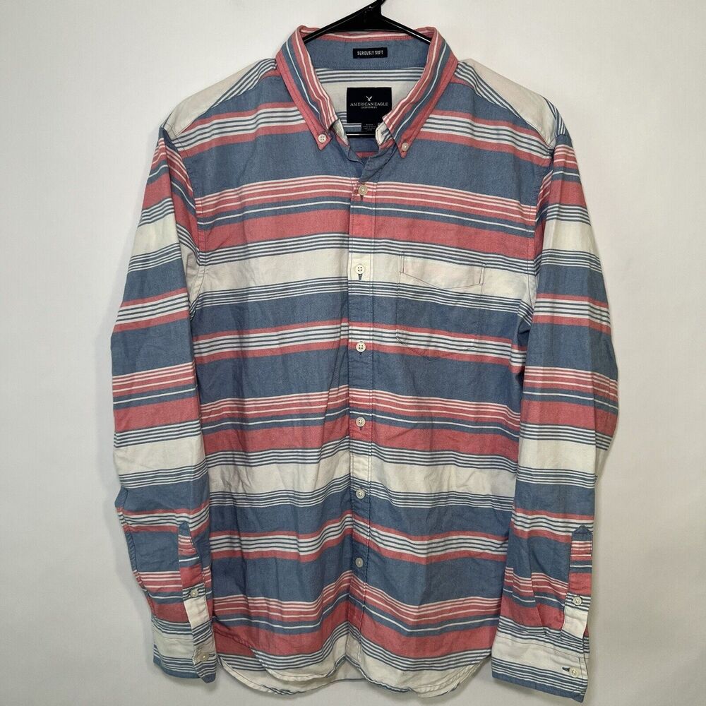 American Eagle Seriously Soft Button Down Shirt Men Size Medium Blue Pink Stripe